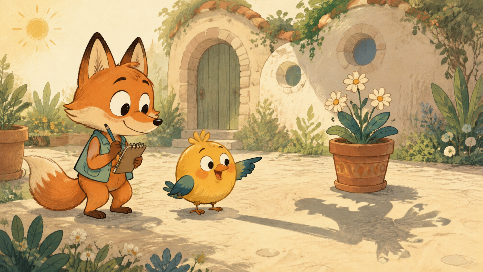 Tavi the fox and Pip the little bird investigating a flower’s shadow in a sunny courtyard
